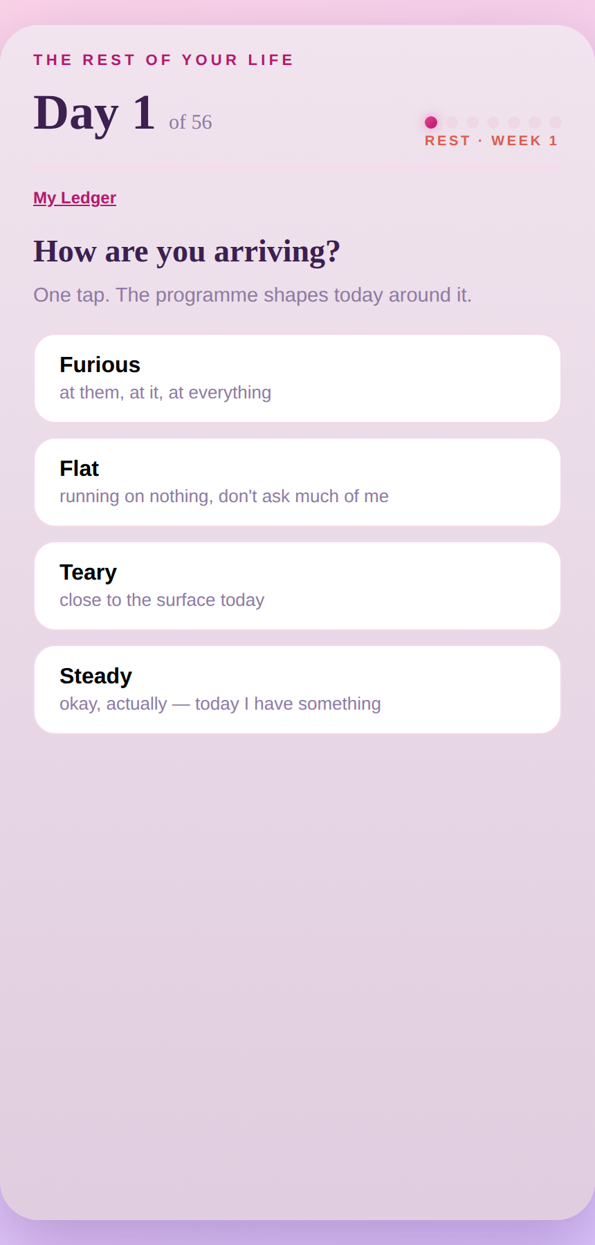 Tap how you're arriving — Furious, Flat, Teary or Steady